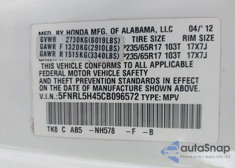 2012 Honda Odyssey Ex from USA, damaged, VIN 5FNRL5H45CB096572